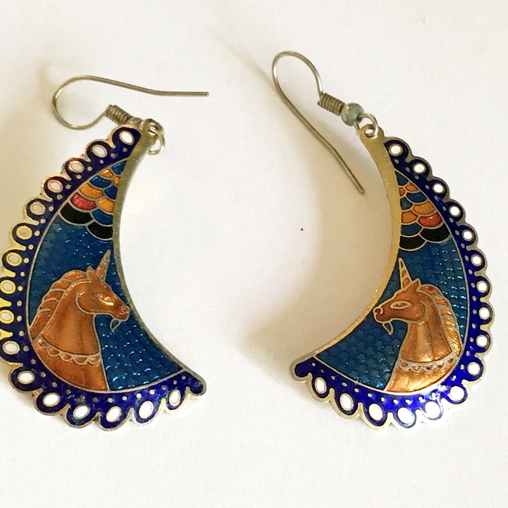 vintage enamel cloisonne earrings with unicorn